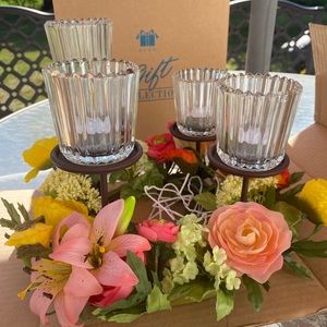 NWT AVON Lighted Floral Centerpiece Metal Stand Candle Holders Tea lights Spring
